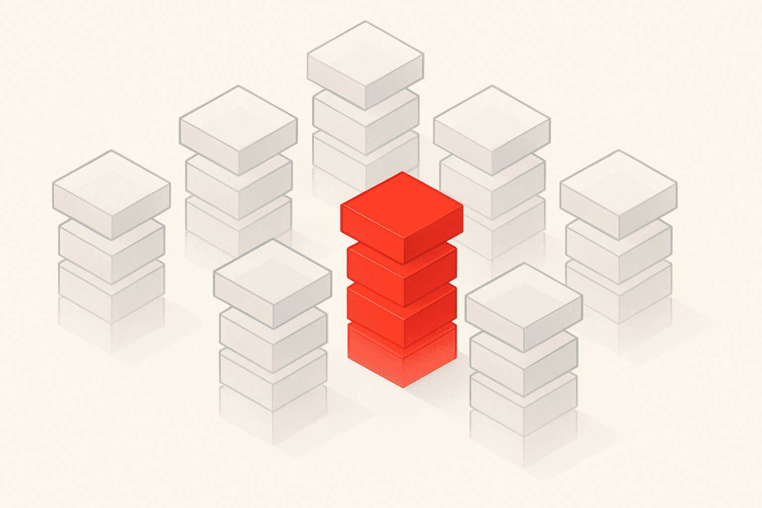 An isometric arrangement of eight modular pillars representing the AEO and GEO framework, with the central pillar highlighted