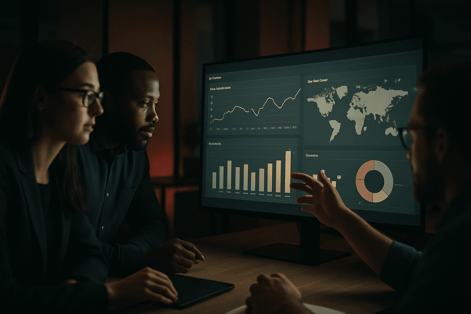 A team reviewing analytics dashboards on a large monitor, planning AEO programme execution