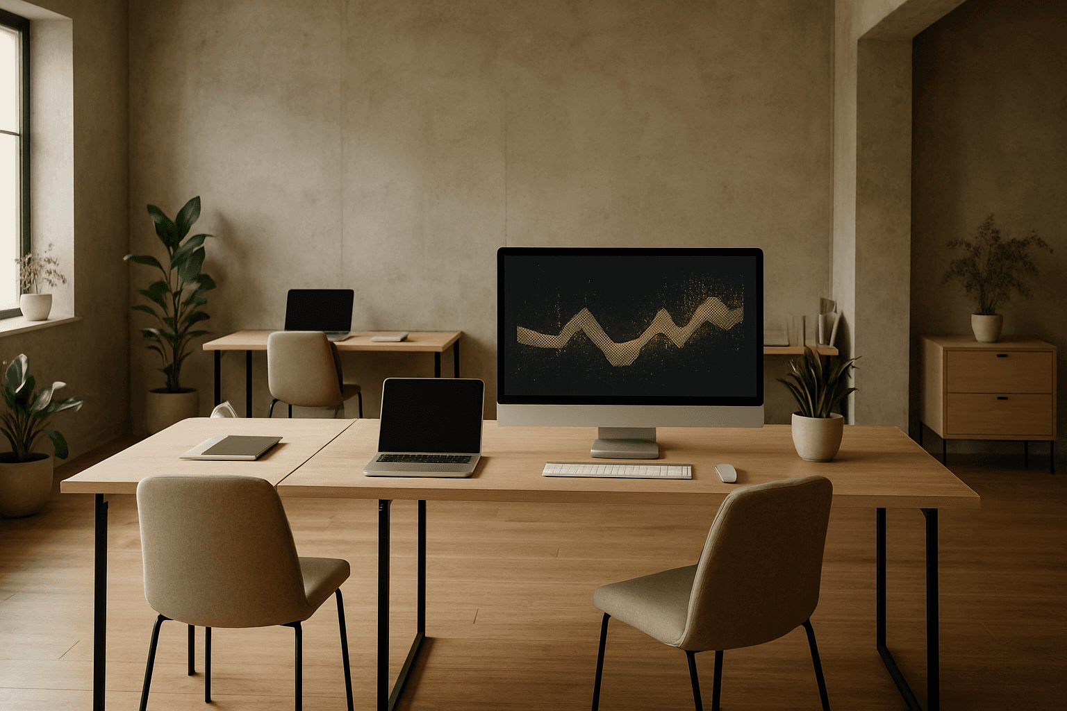 A modern minimalist agency workspace with a monitor showing data visualization