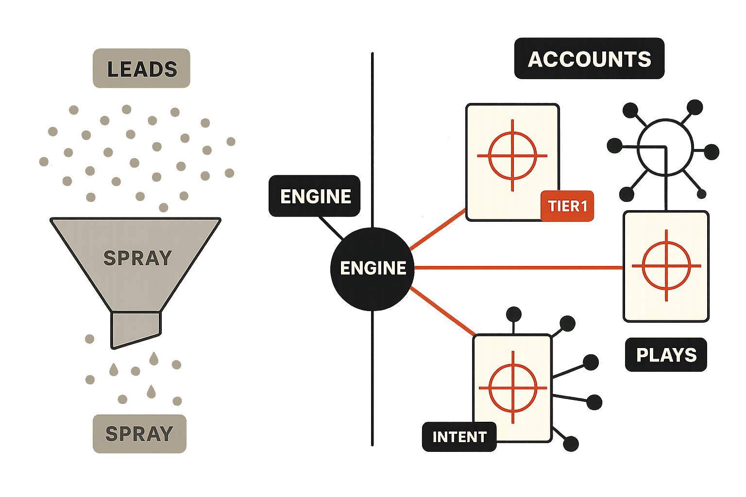 Editorial illustration contrasting traditional lead generation with account-based marketing. On the left, a faded gray cloud of identical tiny lead dots scatters into a leaky funnel. On the right, a coordinated near-black engine hub fires precise brand-red targeting lines at three large account buildings, each marked with a red crosshair and surrounded by a cluster of buying-committee dots.