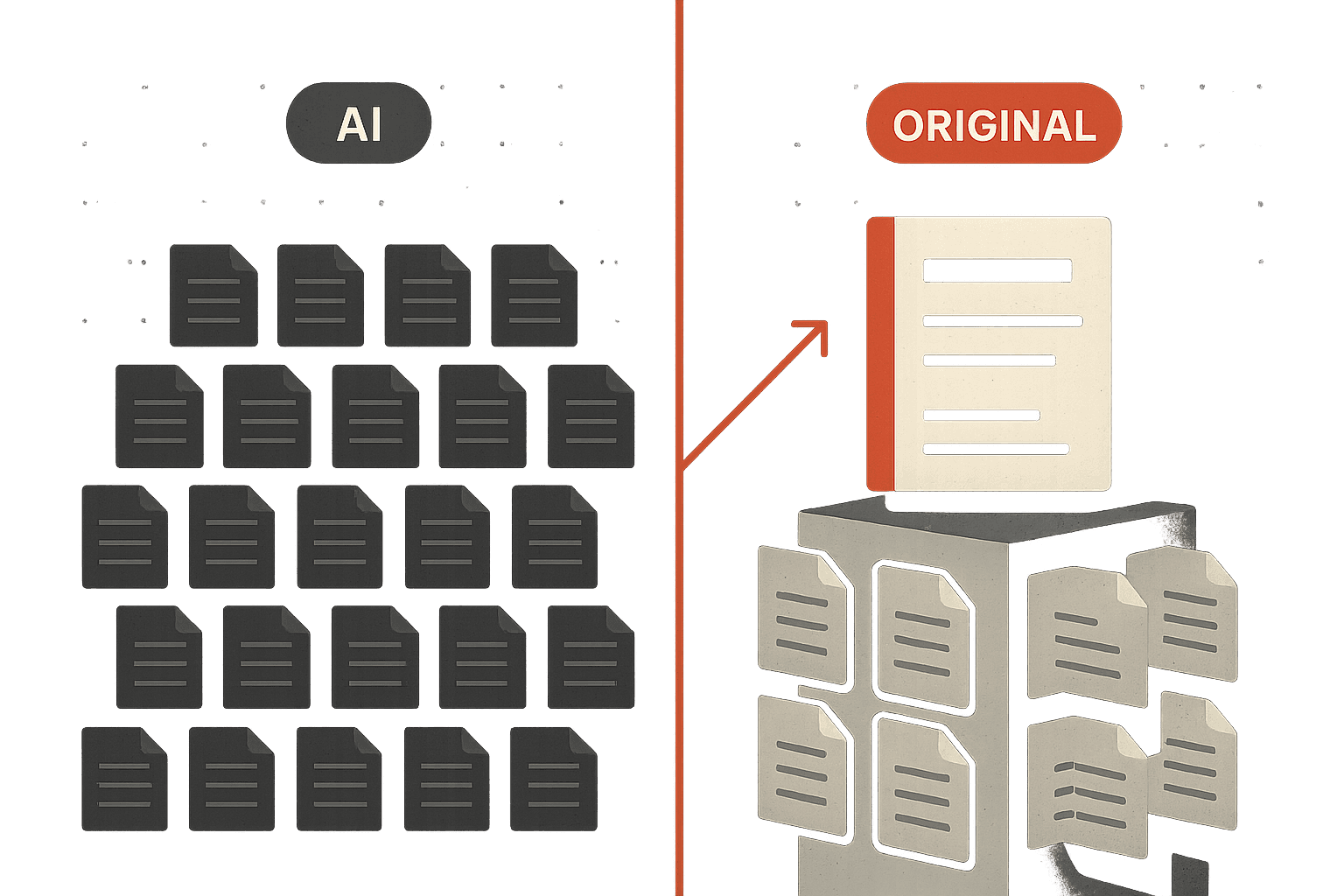 Editorial illustration: a dense sea of identical grey AI document cards on the left versus a single elevated off-white document with a brand-red border standing above the crowd on the right - representing original content rising above AI-generated mediocrity