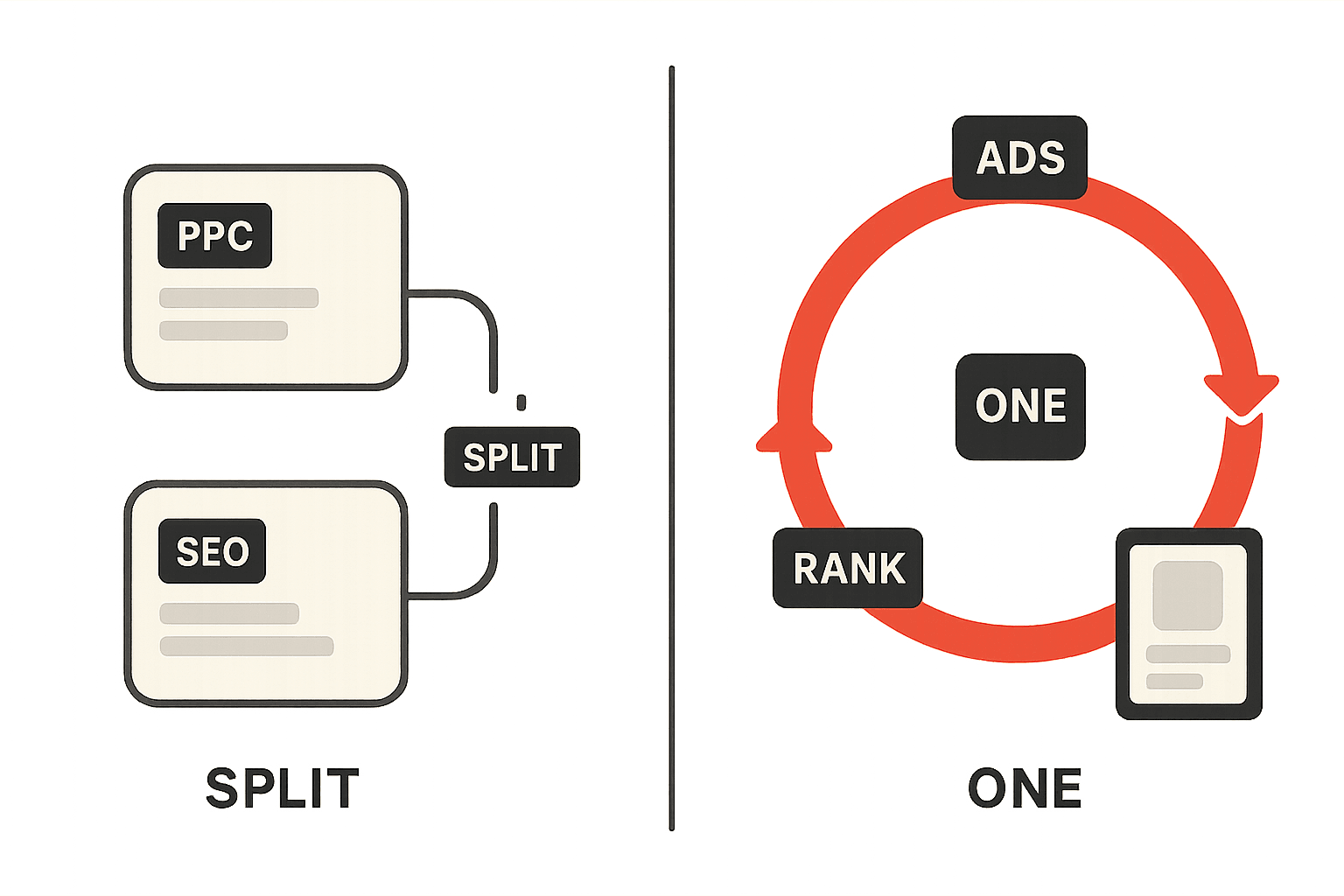 Editorial vector illustration contrasting two ways of buying Amazon marketing help: on the left, two separate vendor boxes for ads and for listings with a severed connector between them, and on the right a single closed circular flywheel where paid spend drives sales velocity, sales velocity drives organic rank, and organic rank lowers the cost of the next click.