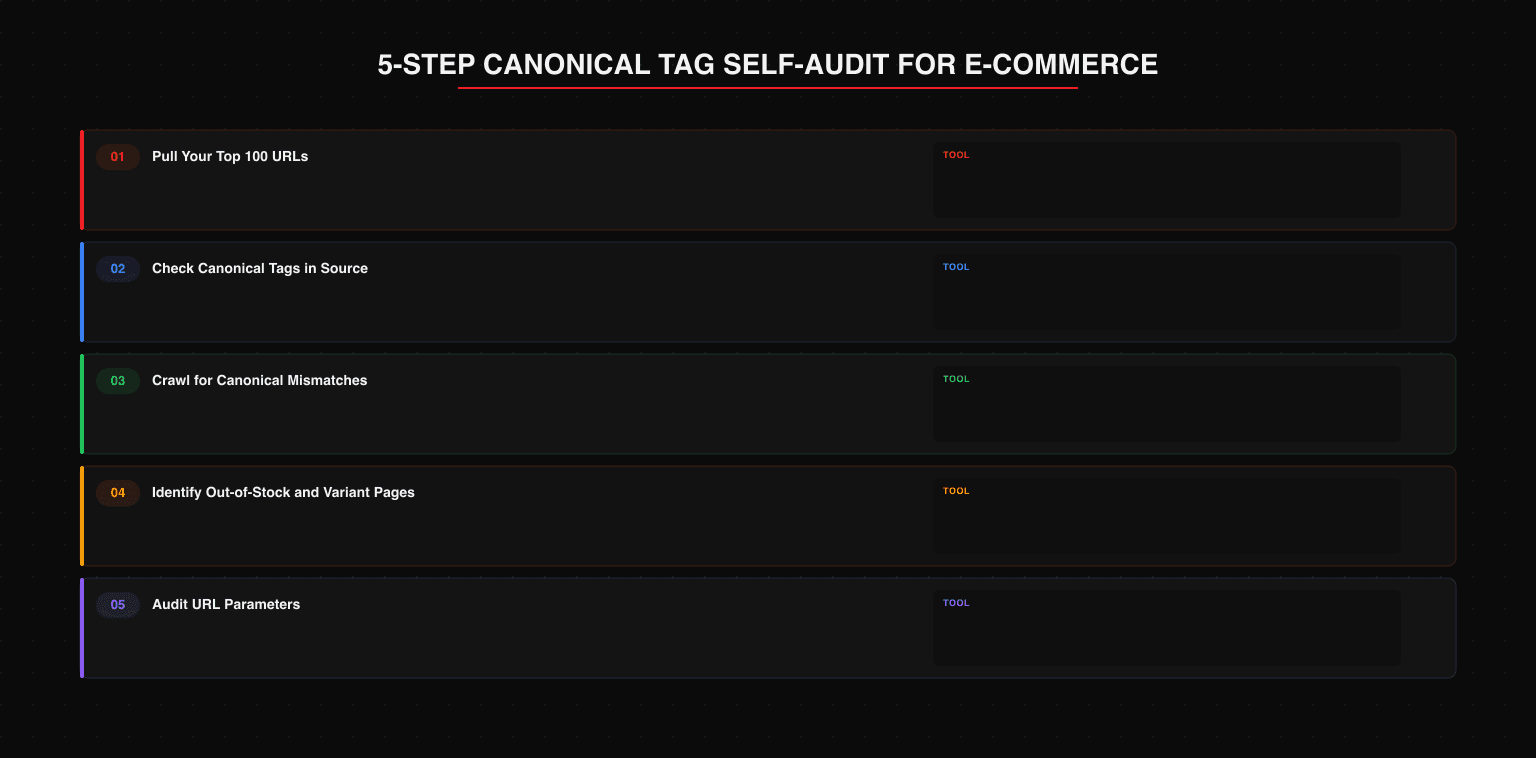 5-step canonical tag self-audit for e-commerce: 01 pull top 100 URLs from Google Search Console Performance report, 02 check canonical tags in page source for each high-traffic page (should match clean primary URL), 03 crawl site with Screaming Frog filtering Canonicals tab for mismatches, 04 identify out-of-stock and variant pages that should canonical to main in-stock product URL, 05 audit URL parameters in GSC and ensure session sorting and filtering parameters canonical to clean URLs