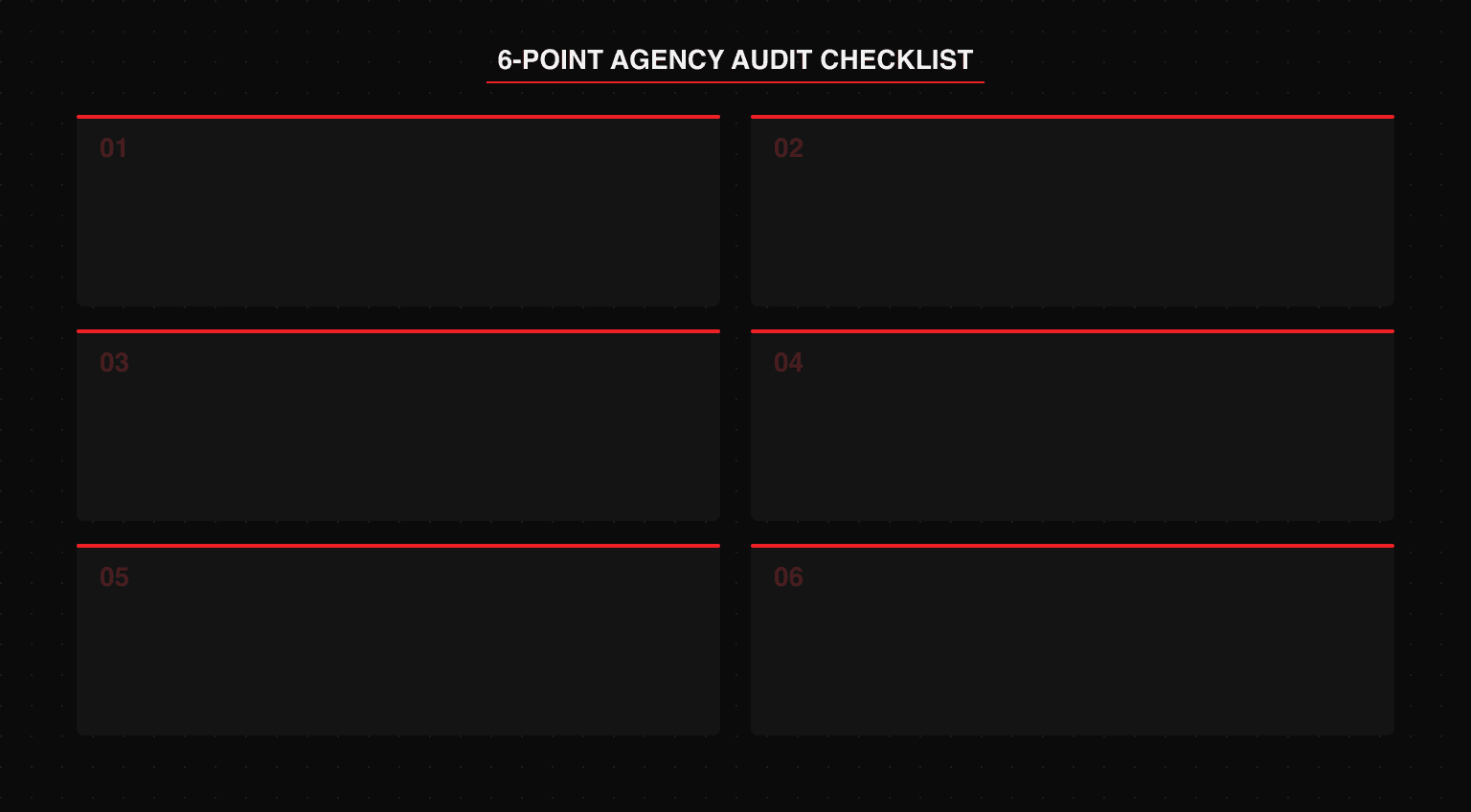 6-point agency audit checklist: ask for named competitor analysis, run deliverables through AI detection, check report revenue attribution, request a technical site review, verify link building sources, confirm all platform access is yours