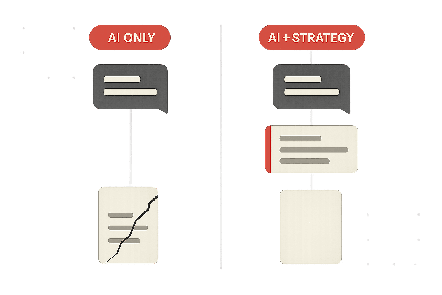 Editorial illustration showing two parallel delivery pipelines side by side: on the left, a narrow pipeline labelled AI only - raw ChatGPT output flowing directly from a chat interface into a client deliverable stack with no human layer in between, representing thin unreviewed content. On the right, a wider pipeline labelled AI plus strategy - a chat interface feeds into a human expert review layer, which feeds into a polished client deliverable. The AI-only pipeline ends in a cracked deliverable; the AI plus strategy pipeline ends in a solid one.