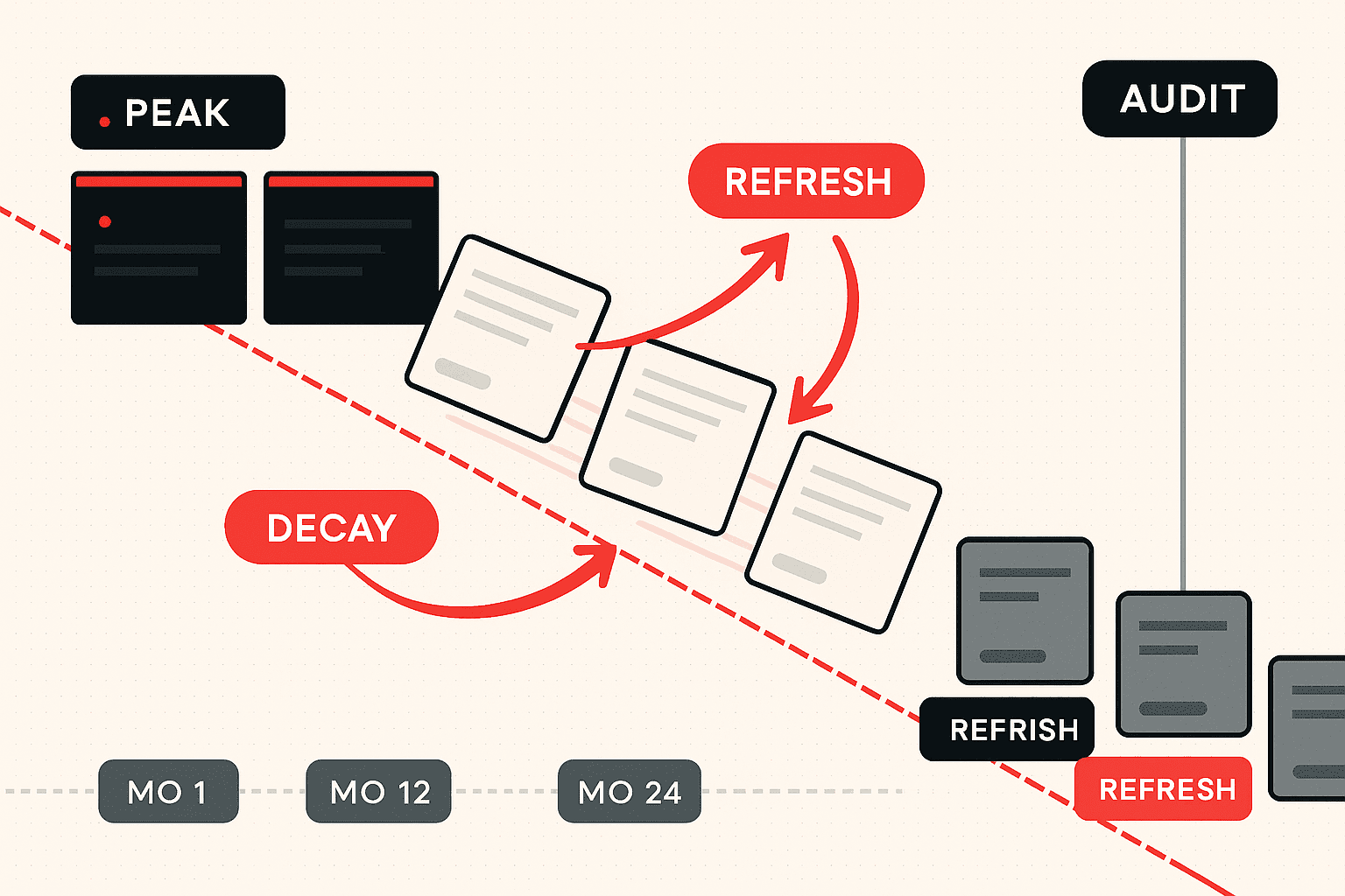 Editorial illustration of a content portfolio shown as a series of articles on a slope. Some articles glow brightly at the top, some are sliding visibly downhill with their light dimming, and a refresh team is shown pulling specific articles back up the slope with structured tools. The composition argues that decaying content is the cheapest source of recoverable organic traffic on most sites.
