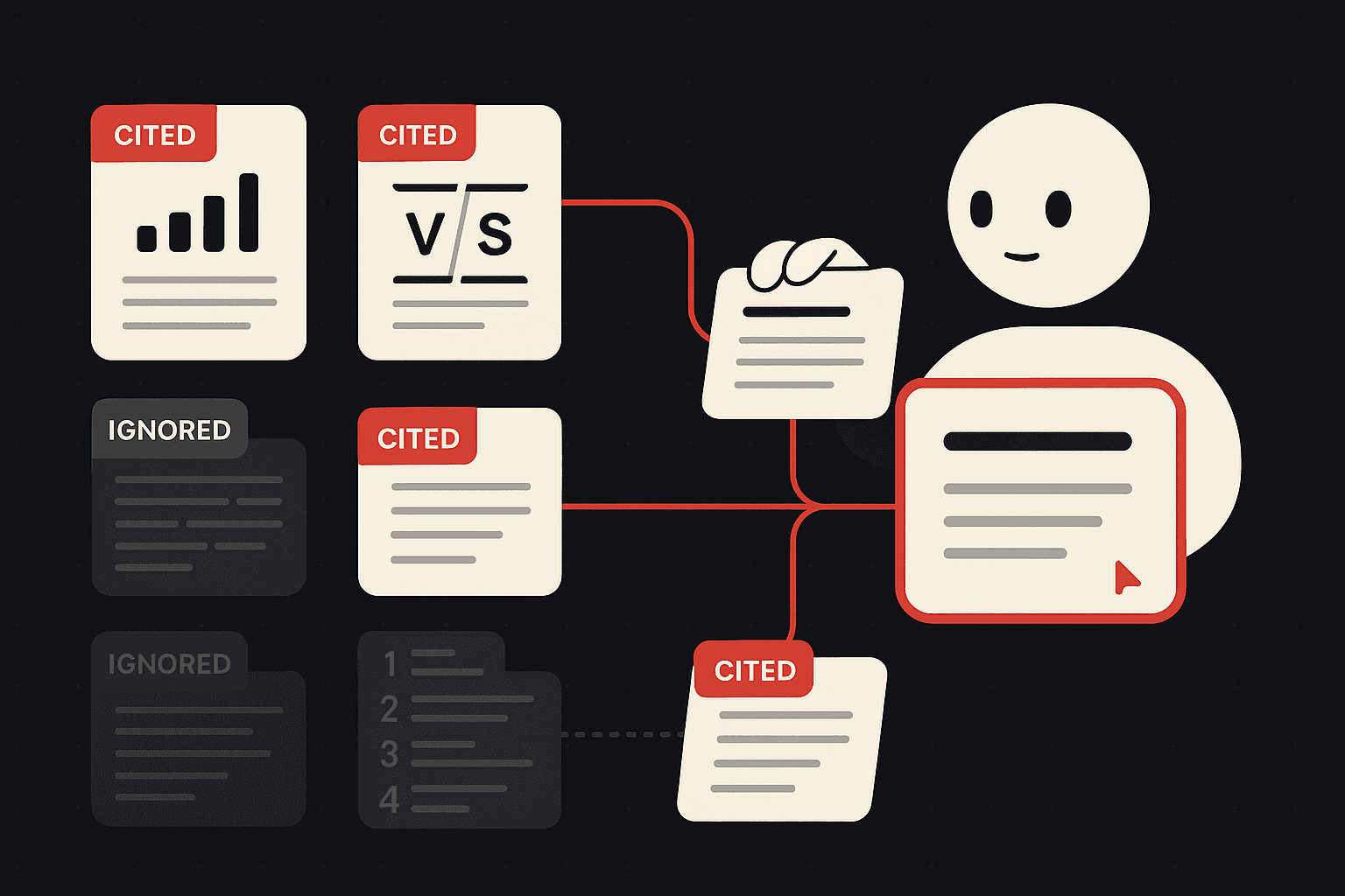 Editorial illustration of an AI assistant assembling an answer by lifting short, self-contained passages from a few source cards - original data, a comparison table and a definition block are highlighted in brand red as cited, while a dense wall-of-text card and a keyword-stuffed listicle card are greyed out and ignored.