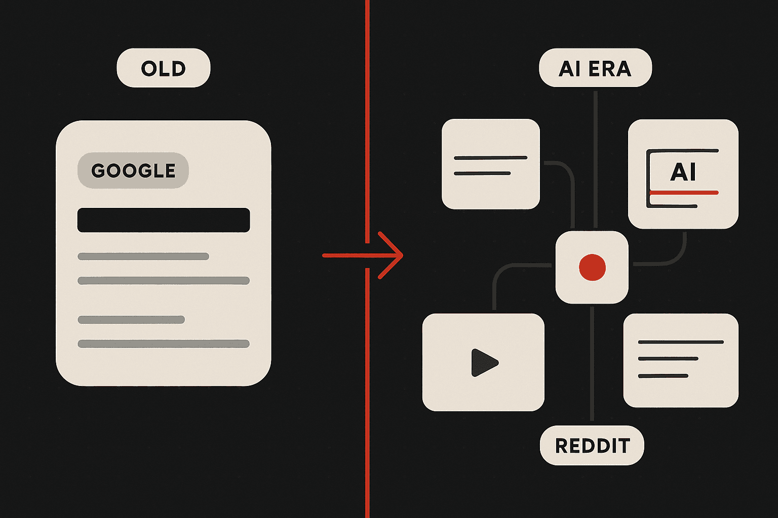Editorial illustration contrasting the old D2C SEO playbook - a single Google search result being optimised for keywords - with the AI-era playbook, where a D2C brand must be visible across Google, AI Overviews, ChatGPT, Perplexity and third-party sources like Reddit and comparison lists.