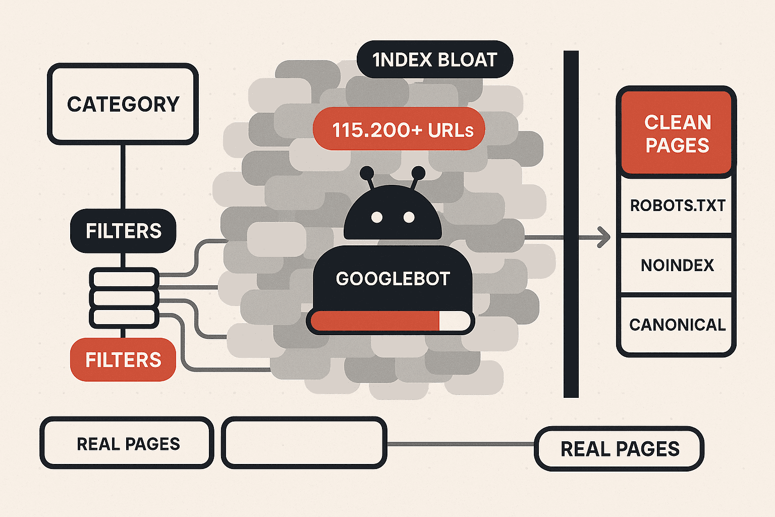 Editorial illustration of faceted navigation SEO and crawl budget. A single ecommerce category page on the left branches through filter groups for size, colour, brand, and price into a dense cloud of near-duplicate filter URLs. A Googlebot figure with a small finite crawl-budget meter is consumed by the URL cloud, while real product and category pages wait in a queue below. A control layer of robots, noindex, and canonical rules cuts the cloud down to a clean set of indexable pages.
