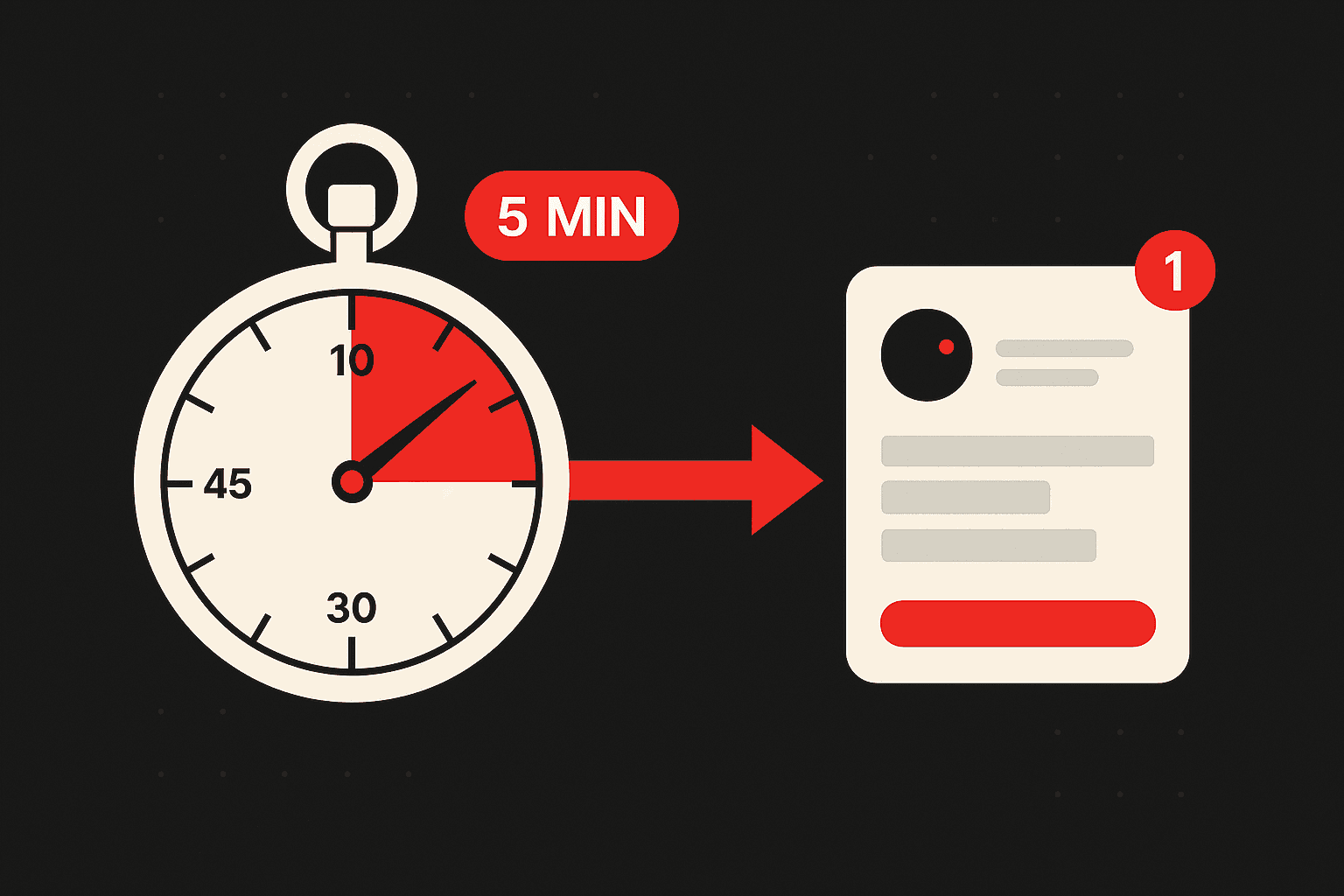 Editorial illustration of a stylised analog stopwatch with its hand swept just past a red 5-minute mark, connected by a brand-red signal beam to a stylised CRM lead-card showing an unread inbound lead — visual metaphor for the 5-minute speed-to-lead window in B2B inbound response