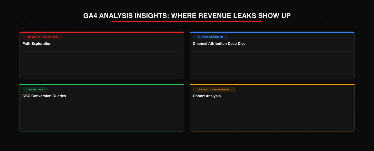 GA4 analysis insights for finding revenue leaks: path exploration revenue leak finder (Explore Path Exploration - map navigation of converters vs non-converters, exit concentration at product or checkout page signals friction), channel attribution deep dive budget optimizer (Advertising Attribution Model comparison - compare last-click vs data-driven to find undervalued channels), GSC conversion queries organic ROI (Reports Acquisition Search Console Queries - find which keywords drive conversions not just clicks, high-traffic zero-conversion queries should be deprioritized), cohort analysis retention diagnostic (Explore Cohort Analysis - track whether users from different channels return at different rates over 30 60 90 days, high CAC with strong retention may outperform low CAC with churn)