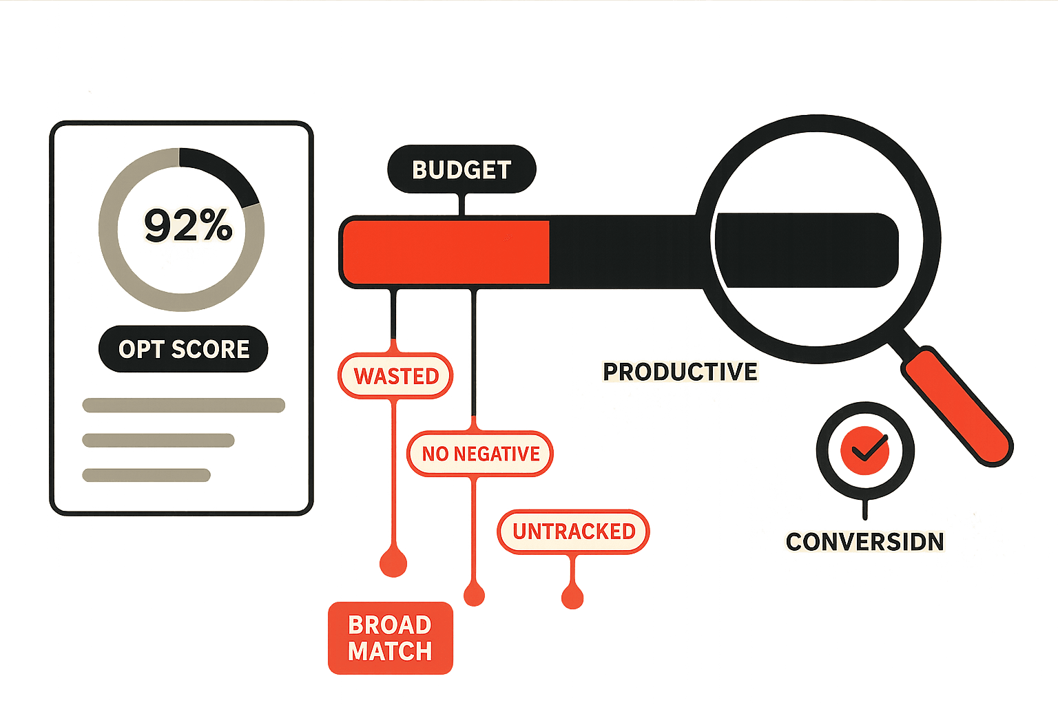 Editorial illustration of a Google Ads account audit. A large dashboard panel on the left shows a campaign with a green optimization score that looks healthy, while a magnifying glass passing over its underlying spend reveals the truth: a budget bar where a large red segment is bleeding away into irrelevant search terms, broad-match traffic, and untracked conversions, and only a smaller productive segment reaches a conversion marker on the right.