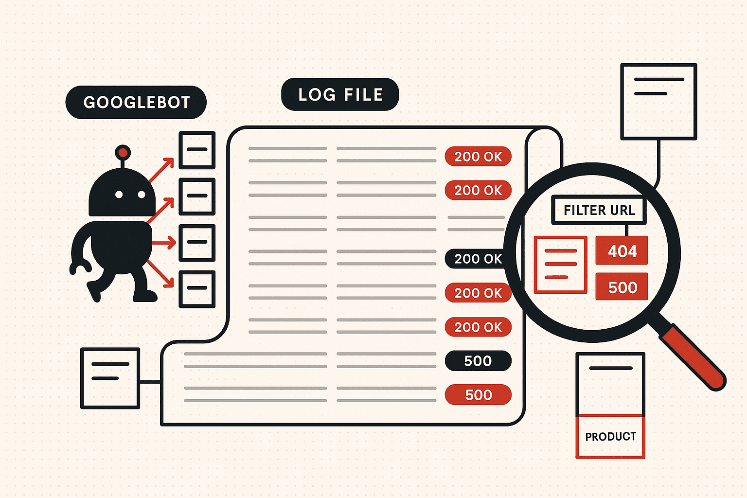Editorial illustration of SEO log file analysis. A Googlebot figure on the left fetches URLs from a website rendered as a stack of page tiles, and a long printed stream of server log lines flows to the right showing each request's URL, status code, and timestamp. A magnifying glass passes over the log stream, isolating patterns: a cluster of 200 status codes hitting filter parameter URLs in red, a cluster of 4xx and 5xx responses on a single template, and a small group of real product pages that have not been crawled at all.
