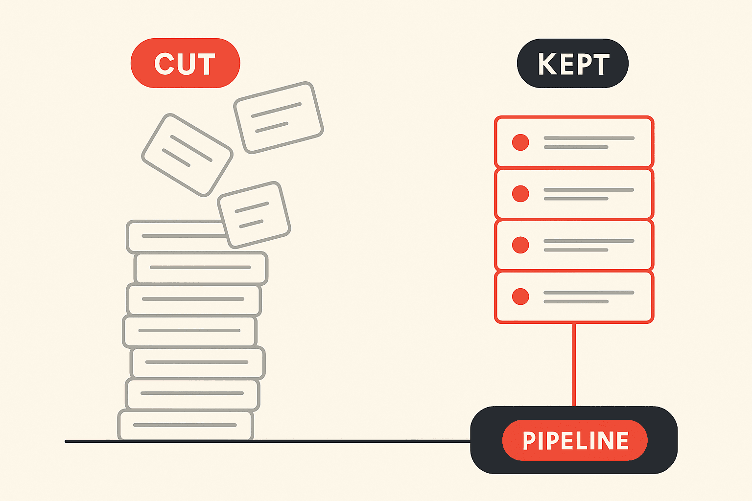 Editorial illustration of a client marketing report being reduced rather than expanded. On the left, a tall crowded stack of thin metric cards leans under its own weight, most of them drawn in flat muted gray with no highlight, and several are shown lifting away from the stack and fading out beneath a CUT label. On the right, a much shorter and cleaner stack of four cards sits squarely on a solid base, each outlined in brand red with a single bright accent dot, beneath a KEPT label. A thin red connector line runs from the small kept stack downward to a wider solid bar labelled PIPELINE. The composition argues that a shorter report tied to revenue is more useful to a client than a long one full of activity metrics.