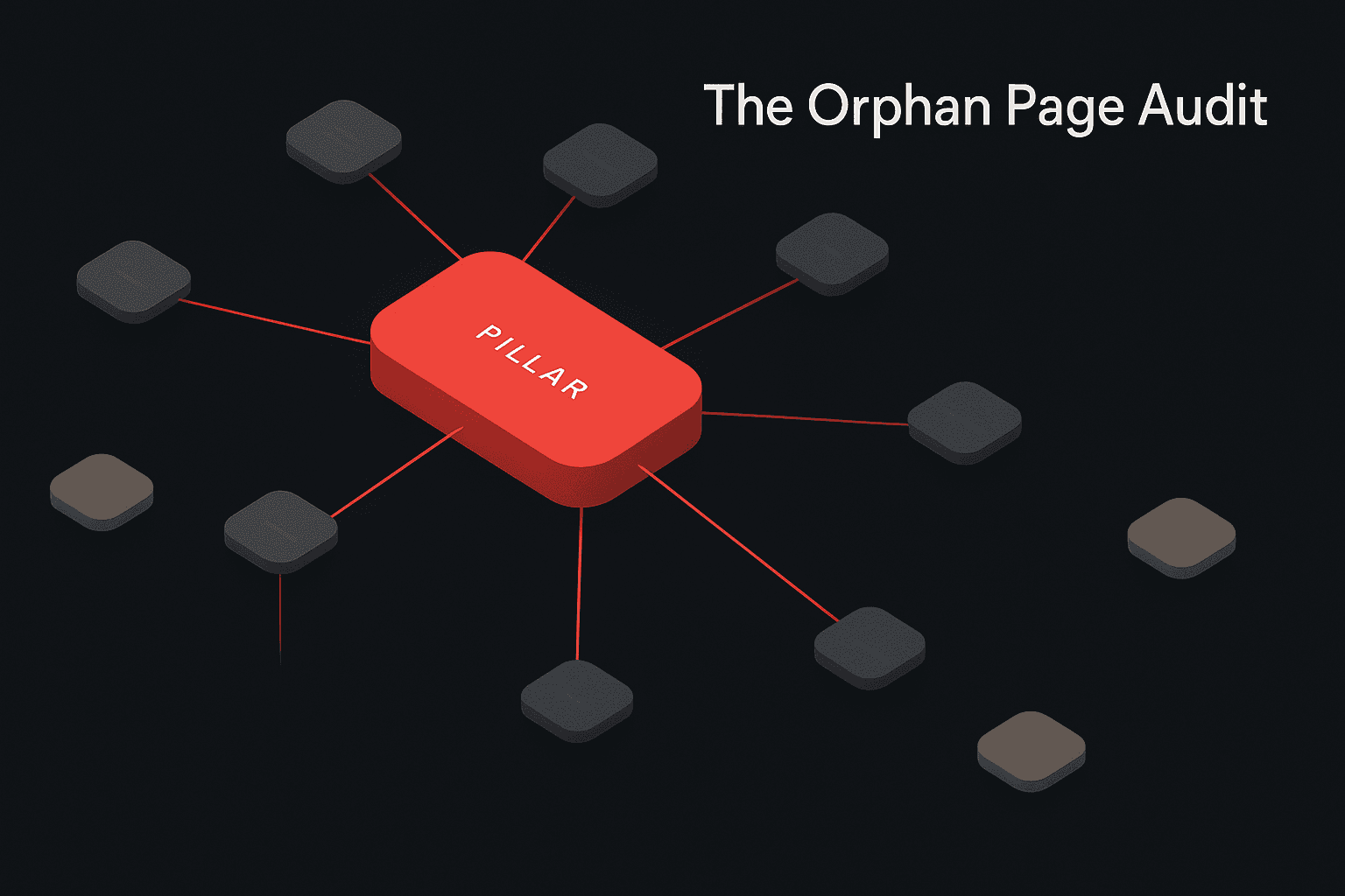 Editorial concept illustration of a website's internal link graph with orphaned pages drifting outside the silo