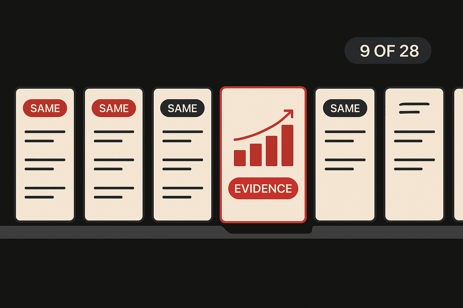 Editorial illustration on a near-black background showing a row of seven near-identical off-white document panels standing on a shelf, most tagged with a chip reading SAME and filled with the same repeated grey text bars. One panel is pulled forward and outlined in brand red, containing a rising red bar chart and a chip reading EVIDENCE. A separate chip in the upper right reads 9 OF 28, the share of ranking pages in the study that carried any first-party data.