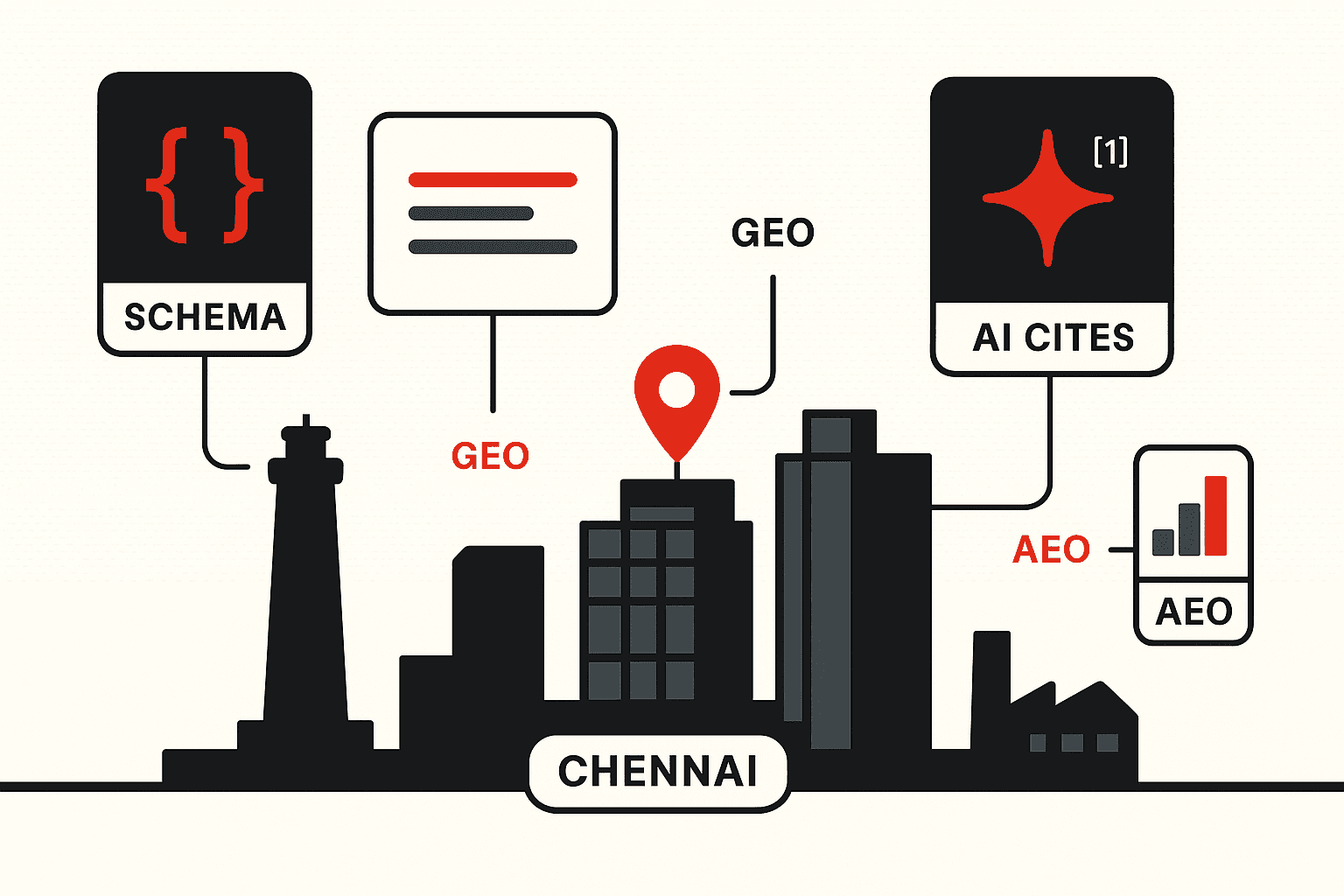 Editorial illustration of Chennai as an industrial and tech SEO and AI-search hub for South India. A clean stylised skyline of Chennai landmarks sits on a horizon line above a flat ground plane. Floating labelled cards represent the SEO and AI-search work the city's businesses need: a search-result card, a schema engineering bracket, an AI citation node, and a ranking bar chart. A brand-red map pin marks the city.