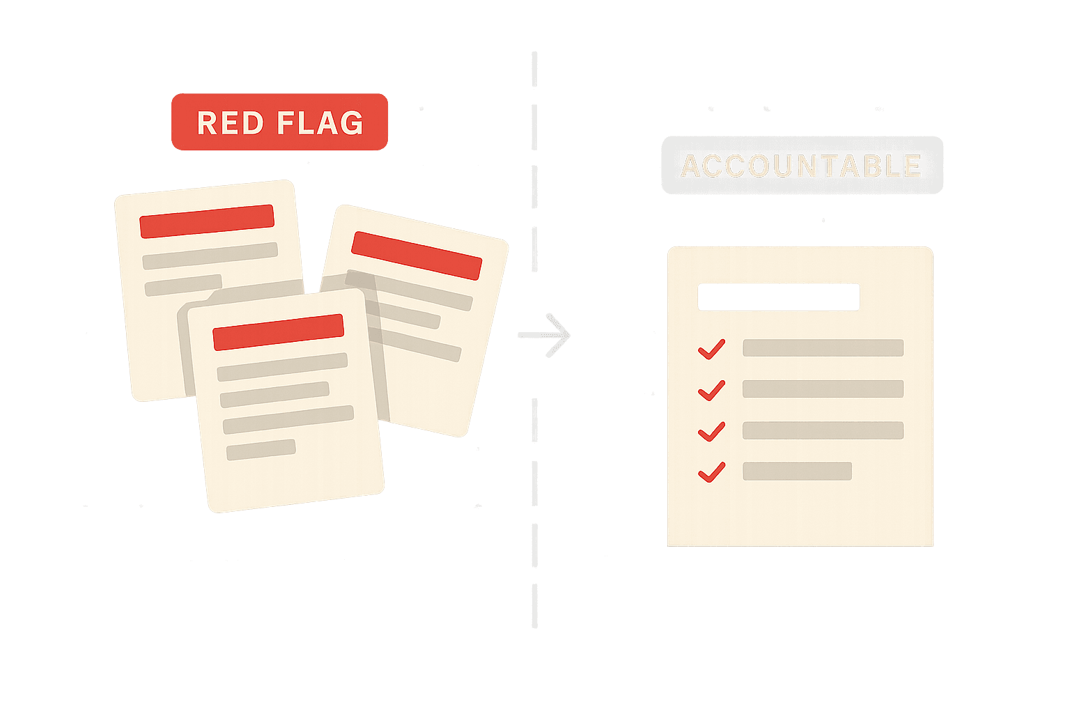 Editorial illustration showing an SEO agency pitch deck on the left with exaggerated bold claims - guaranteed rankings, proprietary algorithms, instant ROI - represented as fragile paper cards floating above a trap door. On the right, a clear contract with structured accountability terms sits on solid ground, representing what legitimate SEO commitments look like.