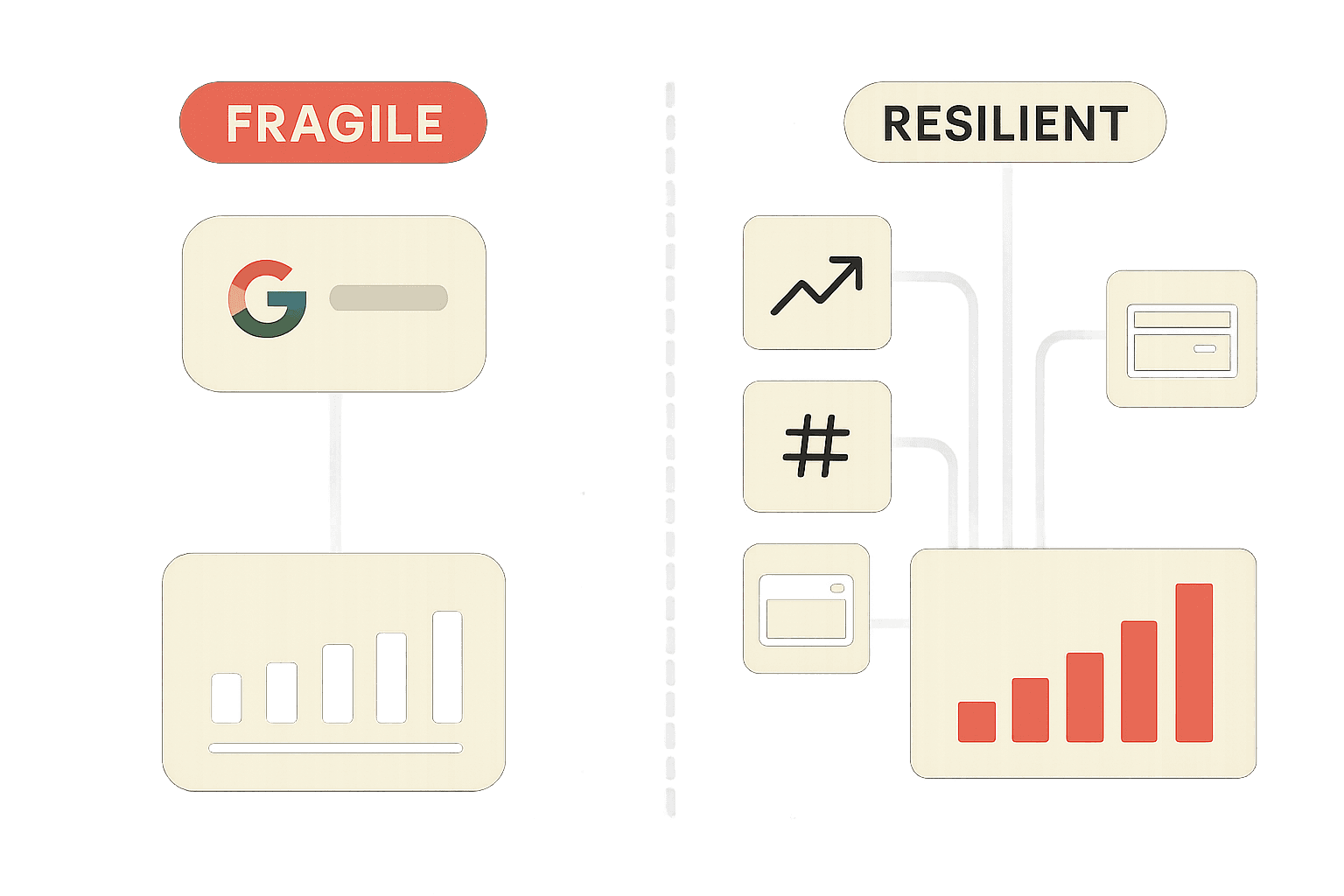 Editorial illustration showing a single data pipeline on the left labelled as the old fragile approach - one thin line flowing from a Google results source into an analytics dashboard, representing dependency on a single data source that has been removed. On the right, a resilient multi-source architecture shows three parallel input lines - Google Search Console API, third-party rank tracker, and first-party engagement data - converging into a unified reporting dashboard, representing the adapted diversified data stack