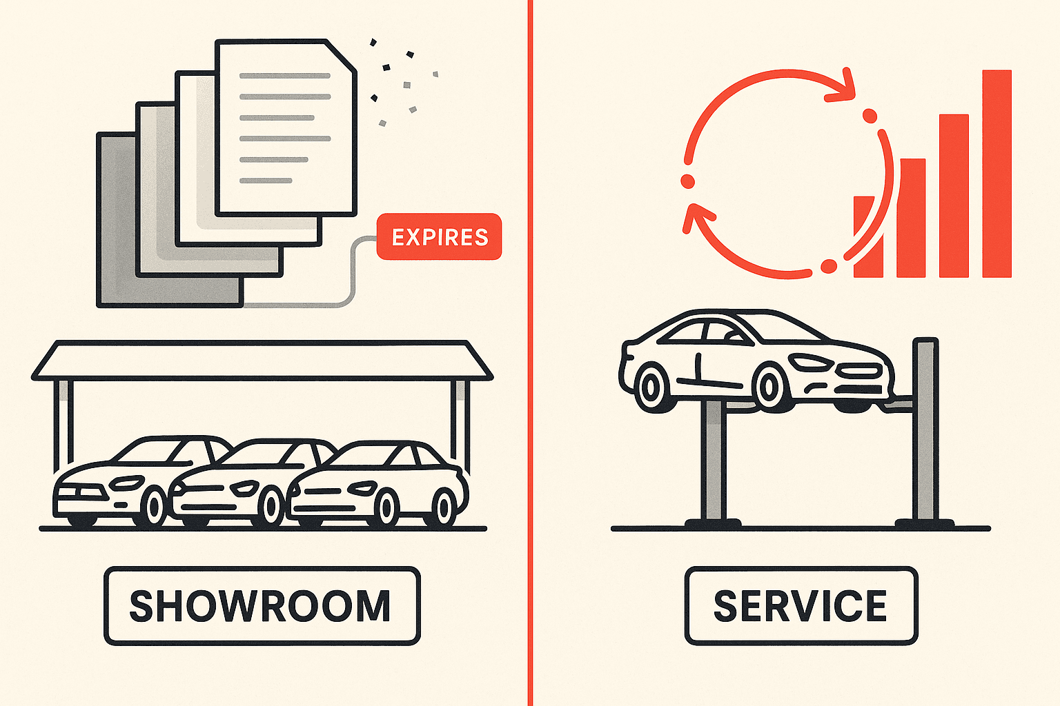 Editorial vector illustration of a car dealership split into two halves: a showroom floor of vehicles connected to short-lived listing pages, and a service bay connected to a steady recurring stream of local searches.