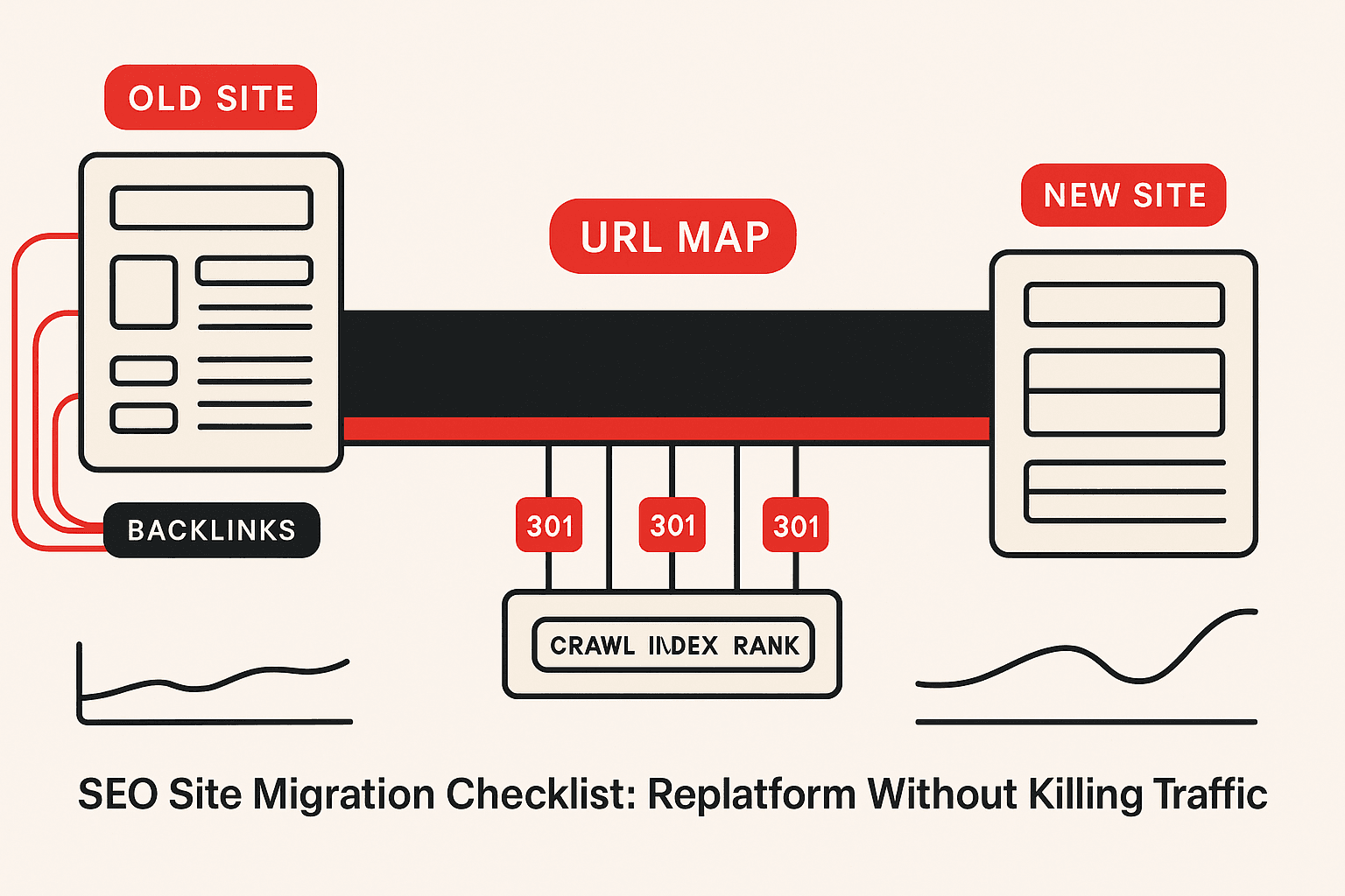 Editorial illustration of an SEO site migration. Left side shows the old site rendered as a stack of pages connected by inbound backlink lines and a steady organic traffic curve. A wide horizontal bridge in the centre, labelled URL MAP, carries the pages across to the right side where the new site sits in a fresh template. Below the bridge a small monitoring console reads CRAWL, INDEX, RANK, and an arrow labelled 301 runs along each connector. The composition argues that the bridge between the two sites is the single asset that decides whether traffic survives the move.