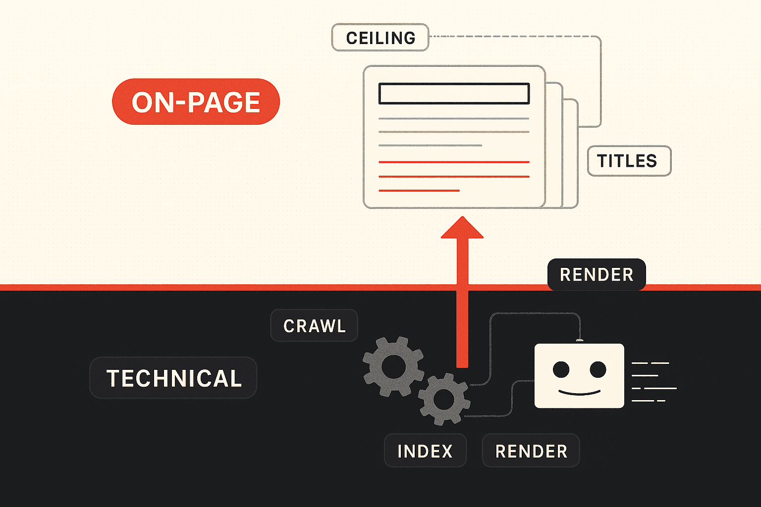 Editorial illustration contrasting technical SEO and on-page SEO as two layers of one system. The lower layer is a structural foundation of pipes, gears, and a crawl bot reading clean HTML, labelled as the technical infrastructure that sets the ceiling. The upper layer is a stack of content cards with titles, headings, and relevance signals, labelled as the on-page layer that determines how close a page gets to that ceiling. A brand-red arrow shows the foundation enabling the content layer above it.