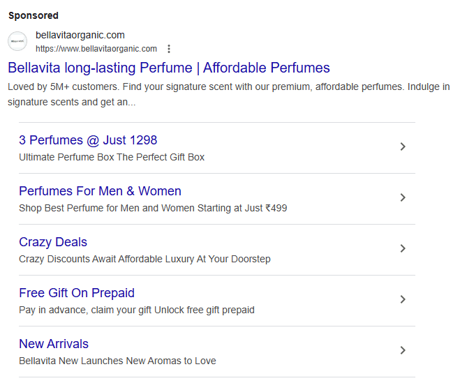 Bella Vita Google Search Ads with extensions