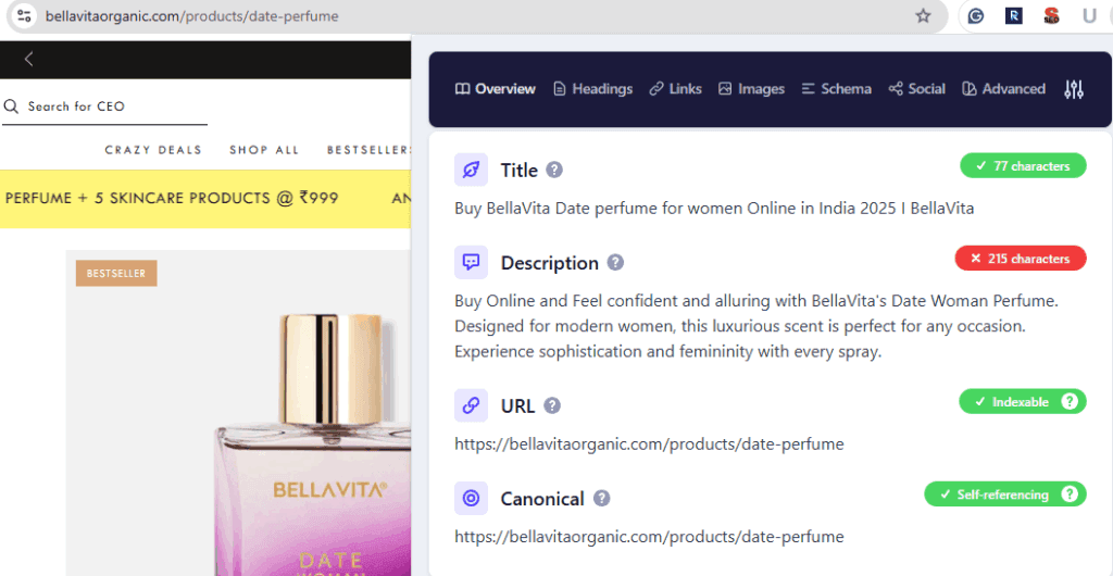 Bella Vita on-page SEO structure