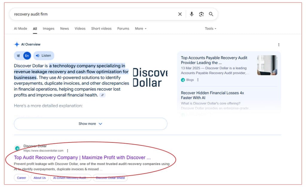 Google ranking position 1 for recovery audit firm | Nico Digital