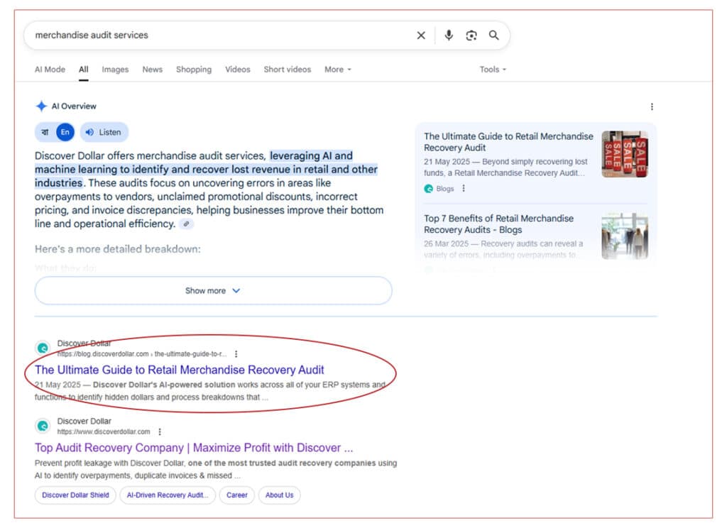 Google ranking position 1 for merchandise audit services | Nico Digital