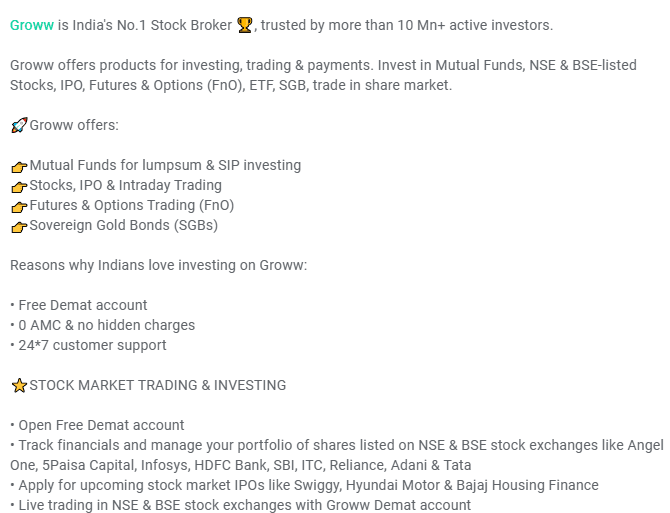 Groww Google Play Store description keywords | Nico Digital