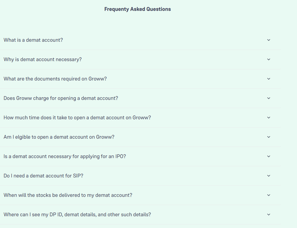 Groww FAQ section on demat account page | Nico Digital