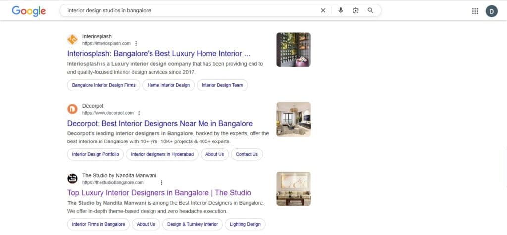 Keyword ranking: interior design studios in bangalore | Nico Digital